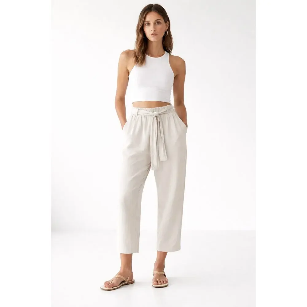 Zara High-Waisted Wide Leg Cropped Linen Blend Tie Pants Cream Off White Large
